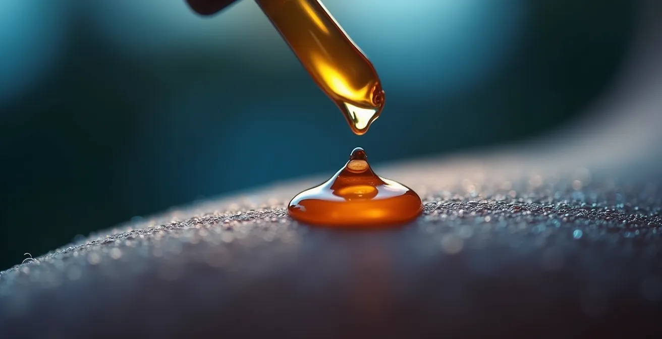 Detalle macro de sérum con retinol aplicándose sobre piel al atardecer