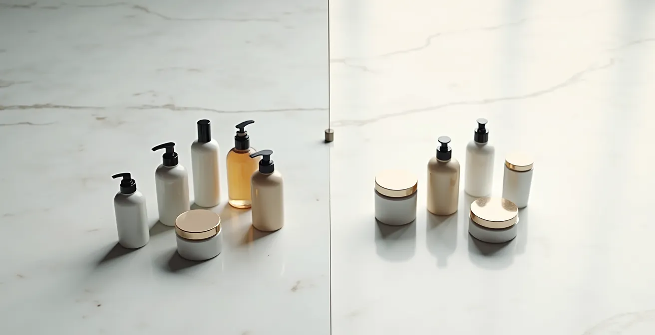 Comparación visual de rutina tradicional versus rutina minimalista con productos híbridos