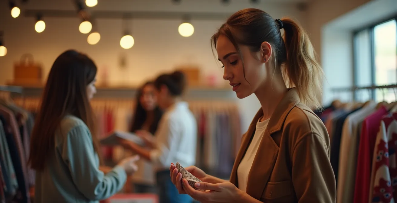 Vista interior de tienda de moda con ambiente sonoro controlado y clientes navegando productos