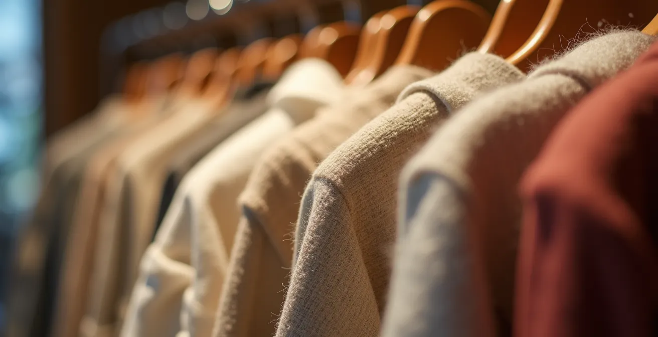 Detalle macro de diferentes texturas de tejidos premium en expositor táctil de tienda