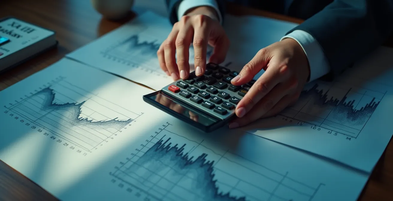 Primer plano de manos usando calculadora junto a gráficos de inventario y calendario de campañas comerciales