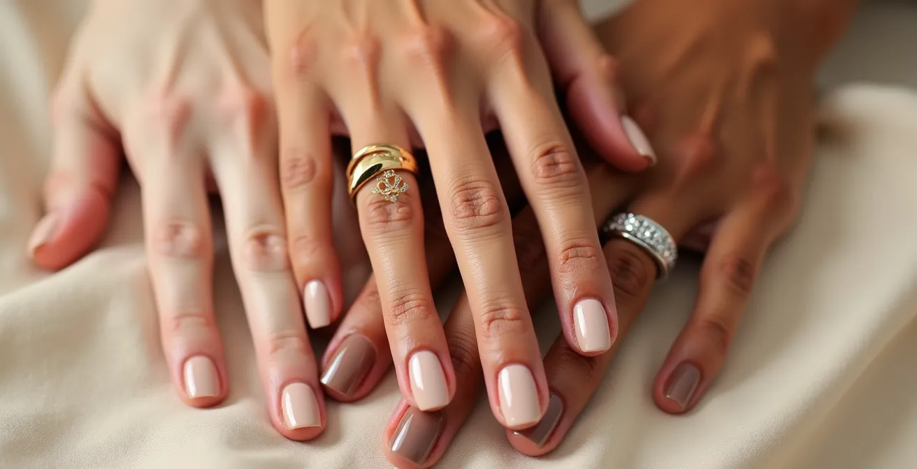 Manos con manicura nude mostrando anillos de oro, plata y oro rosa sobre superficie neutra