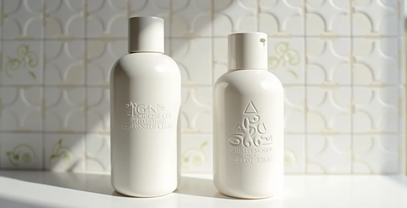 Comparación lado a lado de etiquetado cosmético legal e ilegal mostrando diferencias clave