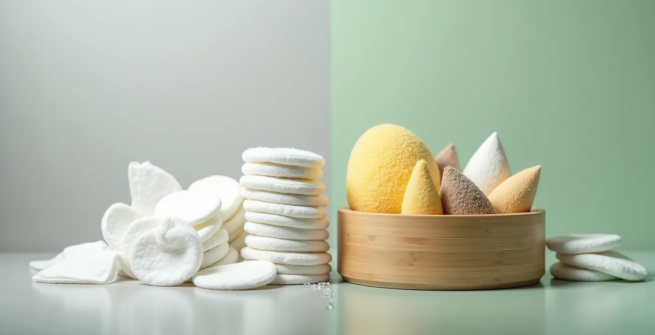 Comparación visual entre discos de algodón desechables y esponjas lavables profesionales en centro de estética