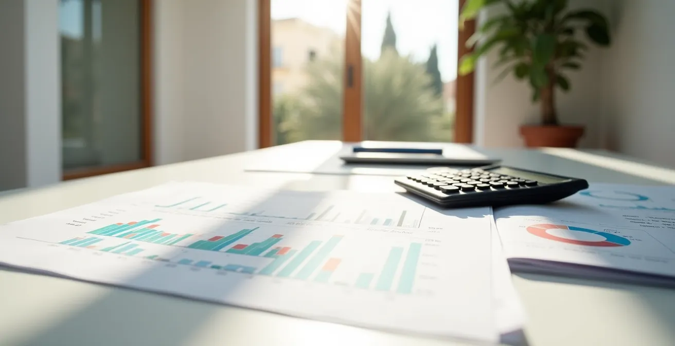 Documentos financieros y calculadora sobre mesa de oficina moderna para análisis de opciones de financiación