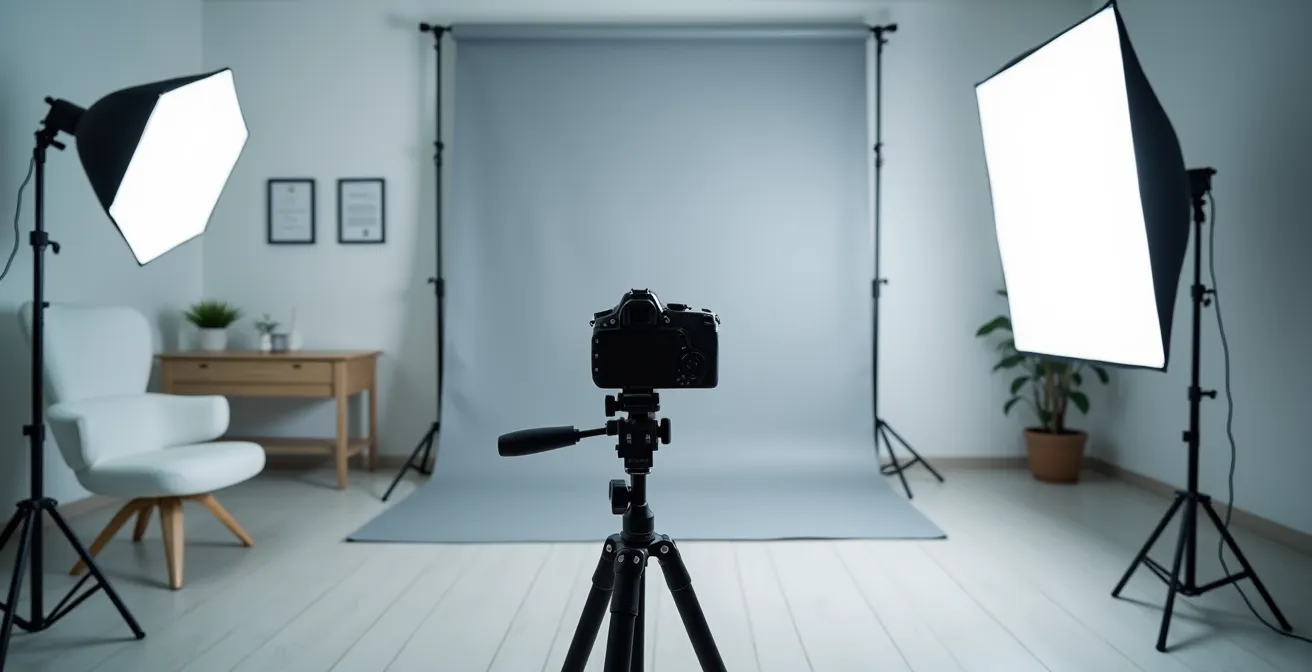 Configuración profesional de estudio fotográfico en clínica estética con iluminación y cámara