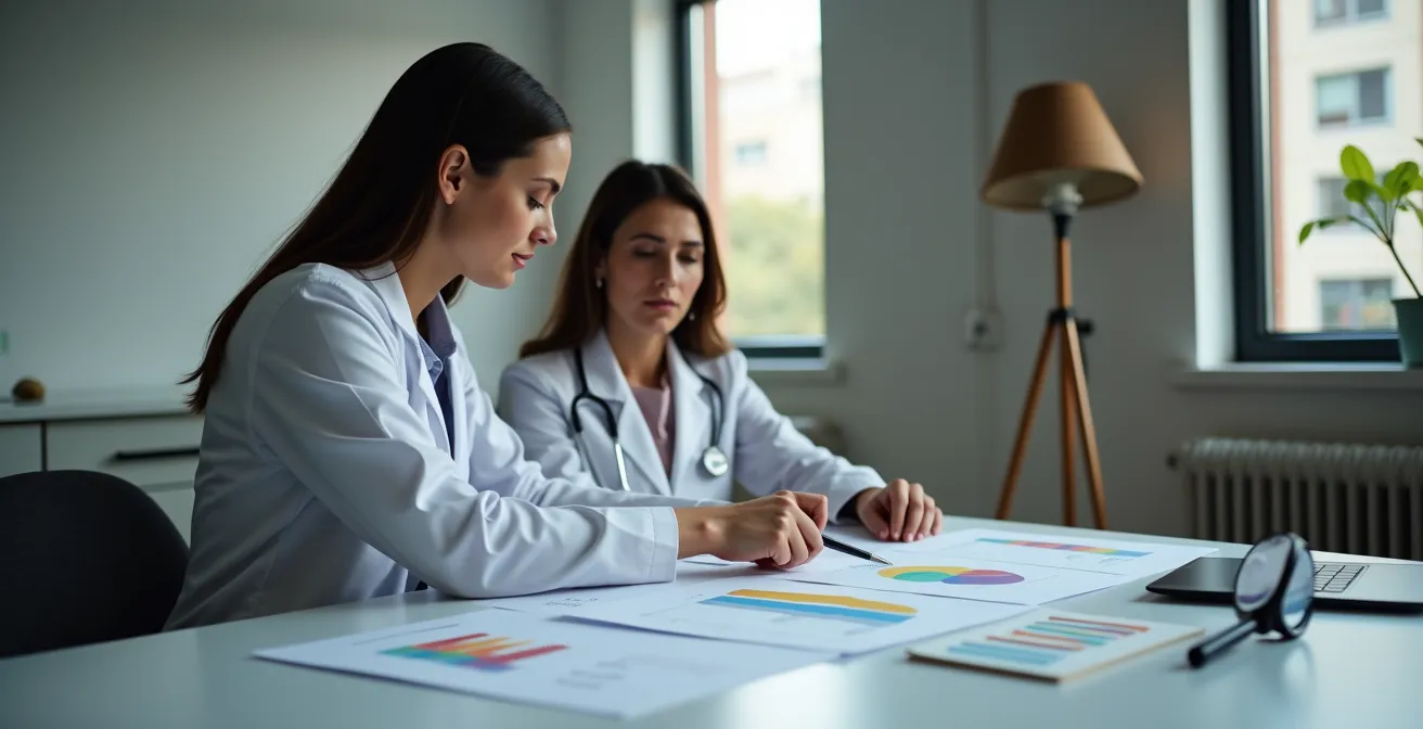 Profesional explicando resultados objetivos a paciente con gráficos de evolución