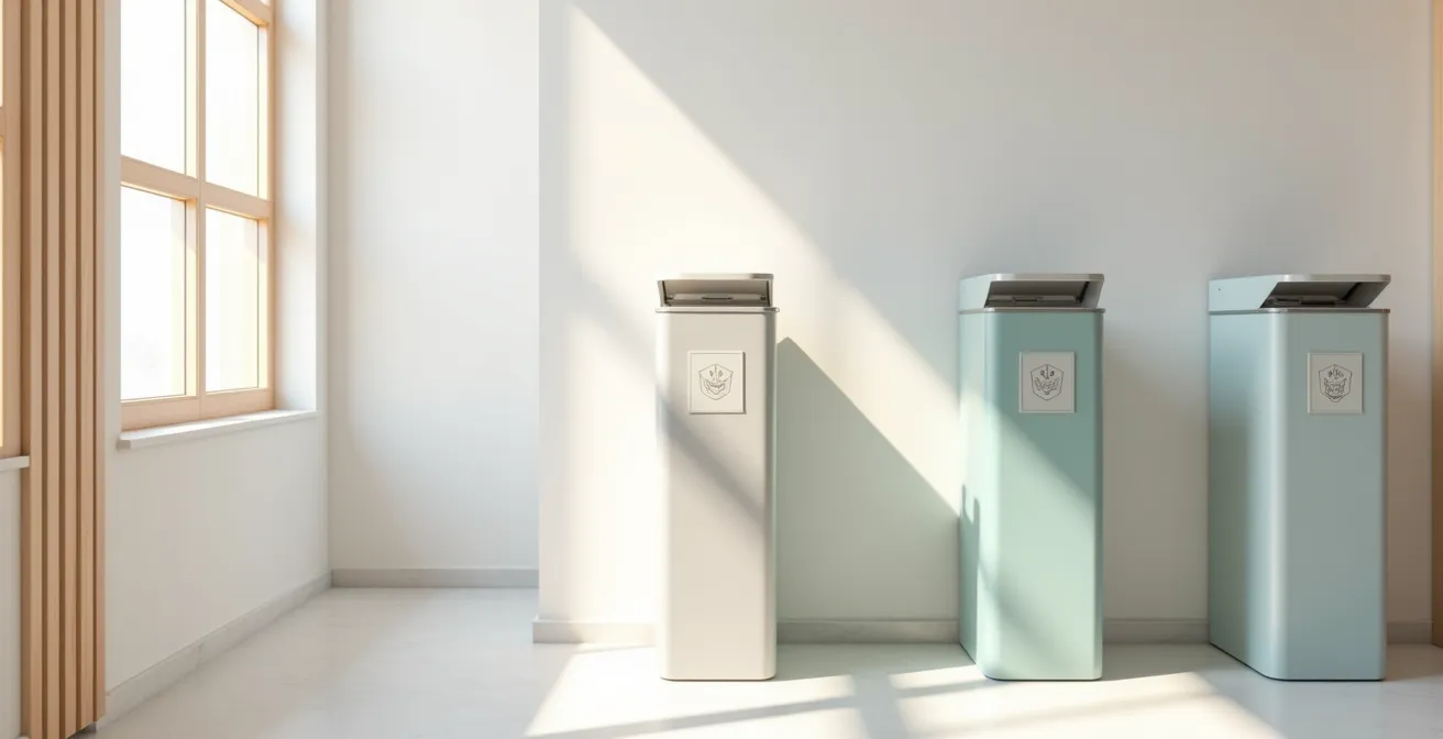 Contenedores de residuos sanitarios de diseño moderno en centro de estética con señalización elegante