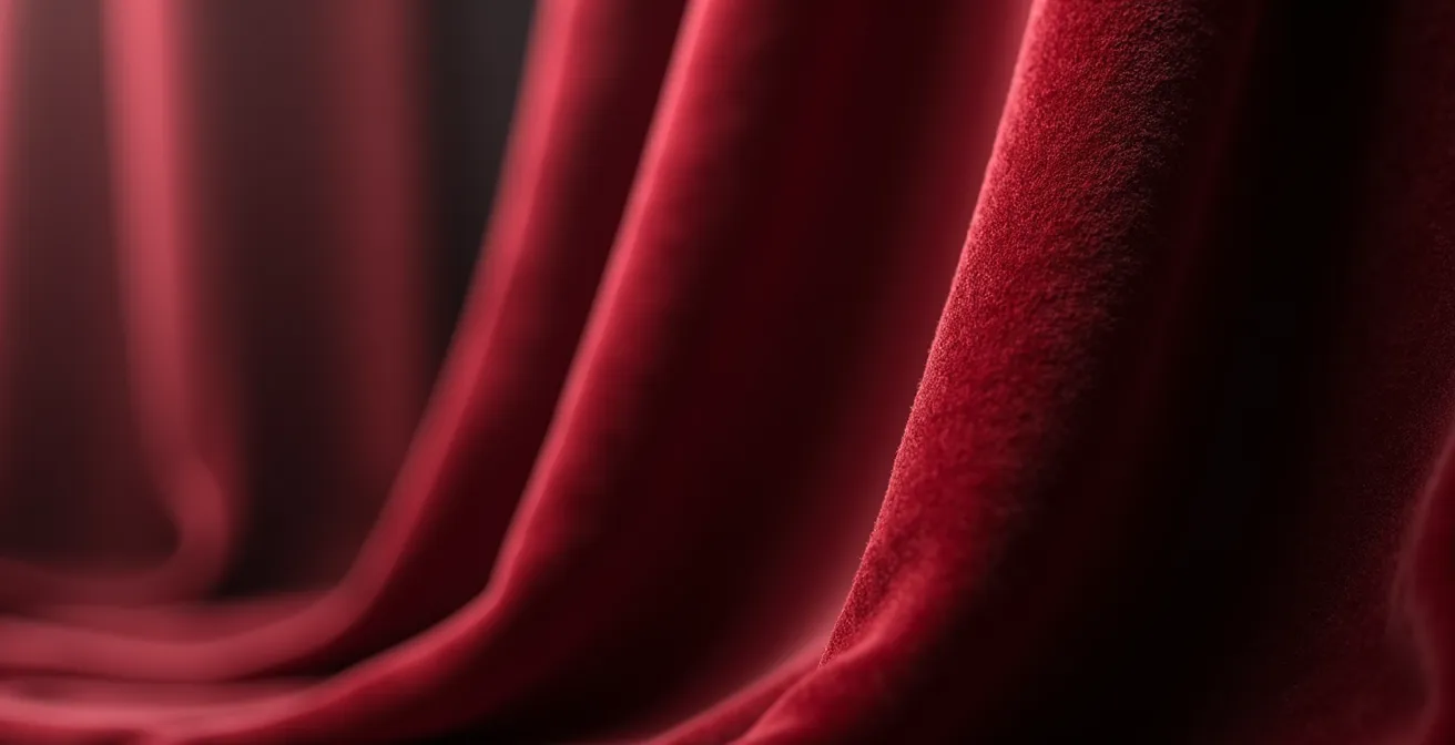 Detalle de cortina acústica pesada de textura aterciopelada en entrada de cabina estética, creando aislamiento sonoro