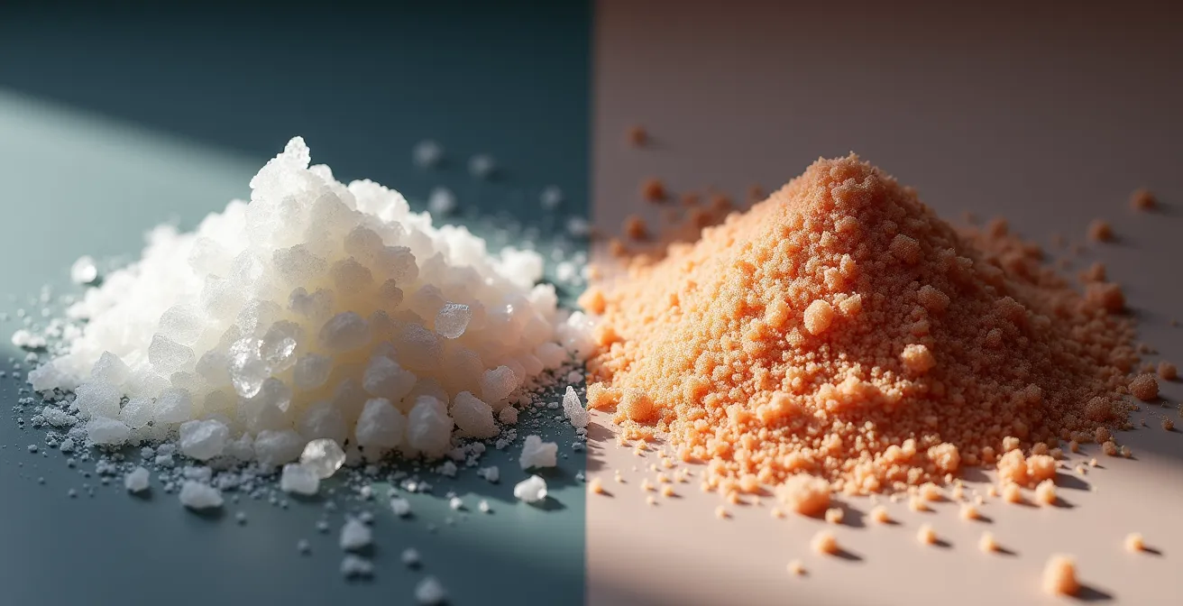 Cristales de sal de exfoliante corporal causando micro-heridas en piel facial delicada