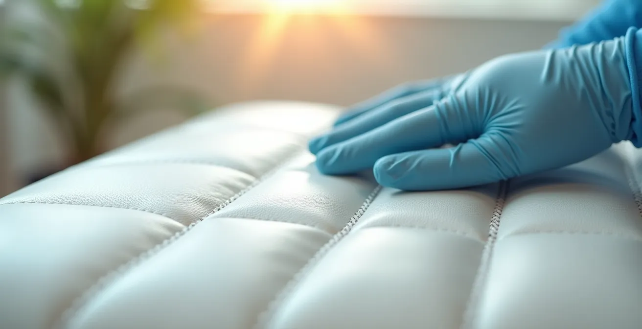 Detalle macro del tapizado de polipiel de una camilla mostrando su textura y resistencia