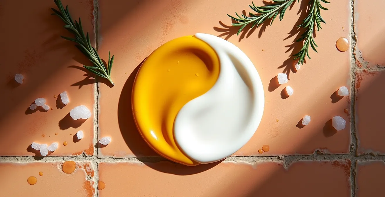 Vista cenital de ritual de doble limpieza con aceite de oliva y gel suave