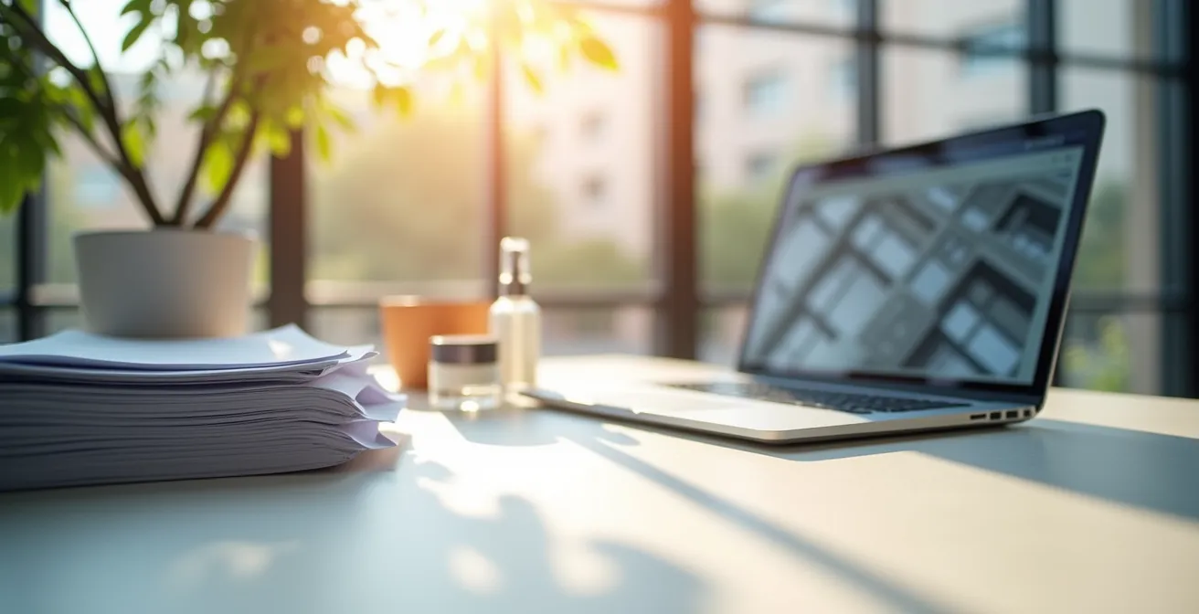 Mesa con documentos de registro AEMPS y productos cosméticos sin etiquetar