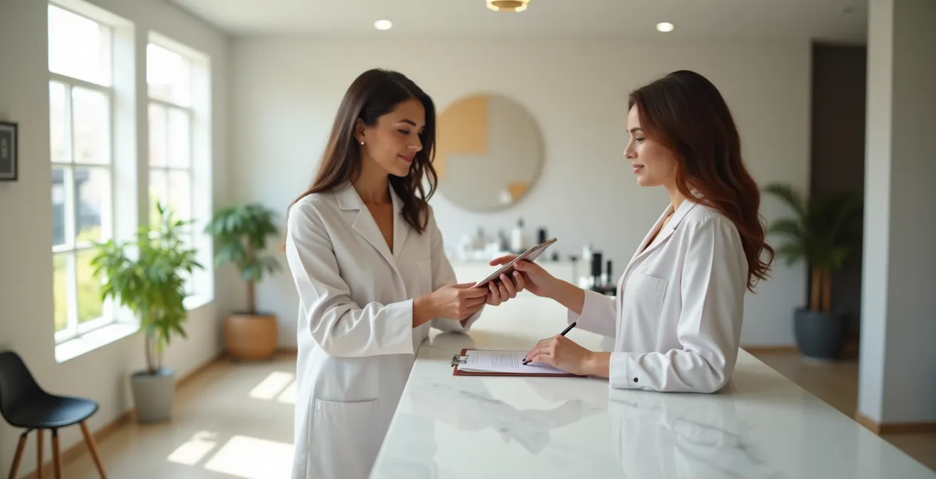 Manos profesionales presentando documento de garantía en salón de belleza