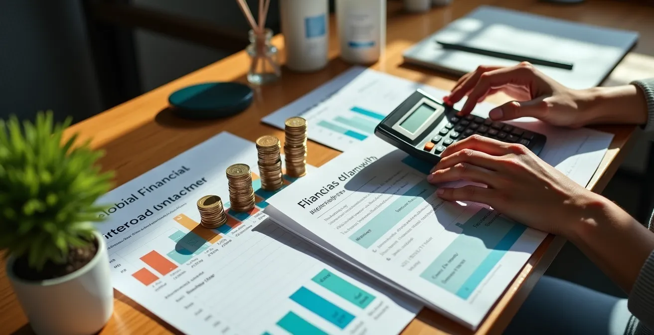 Emprendedora española analizando documentos financieros con calculadora en mesa de trabajo