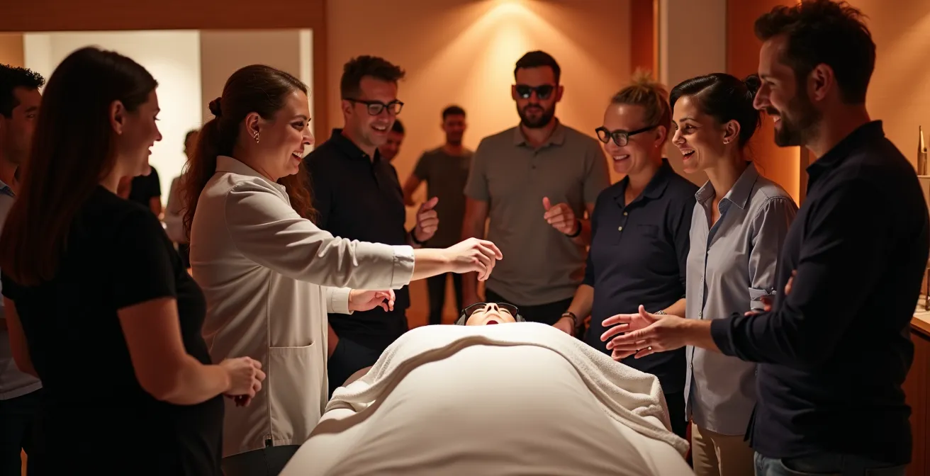 Evento de demostración de tecnología estética con profesionales y clientes en ambiente elegante