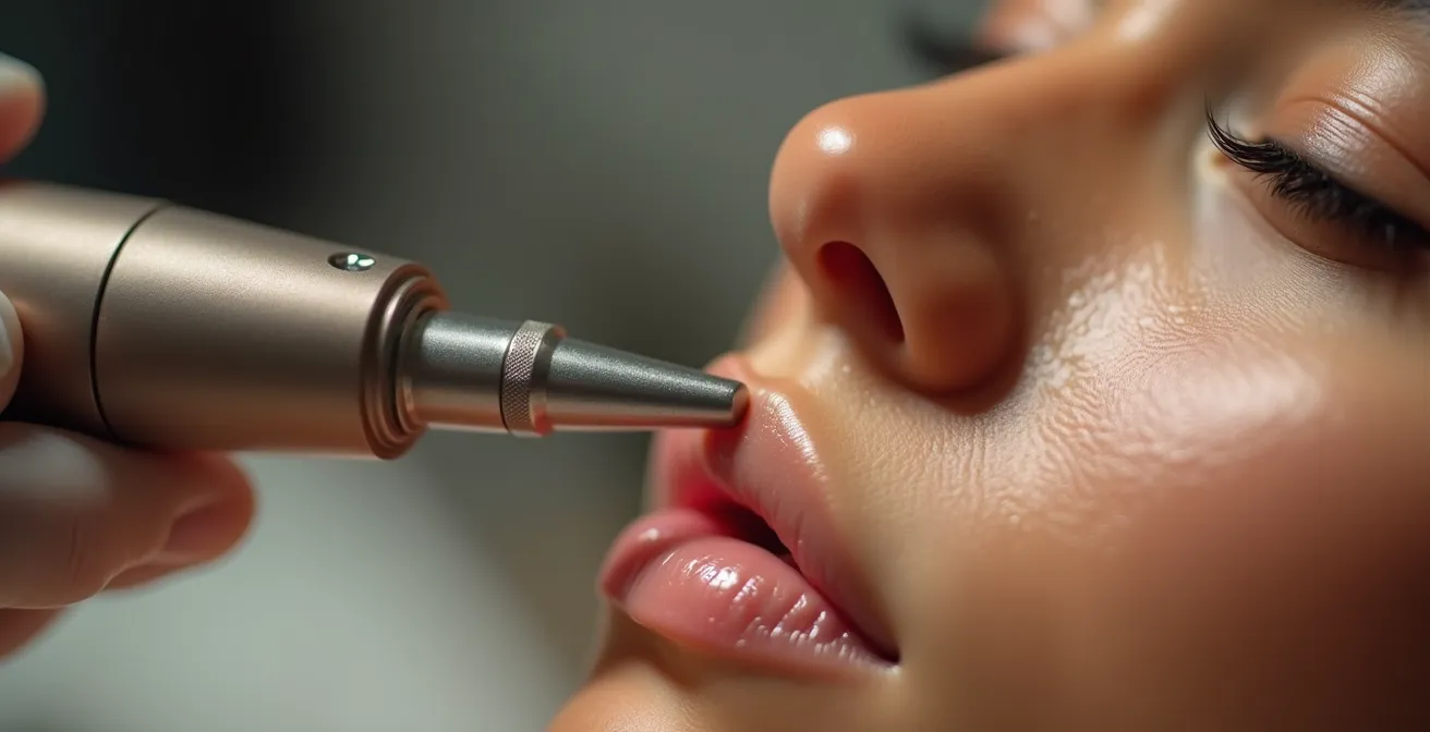 Técnica de extracción facial profesional con espátula ultrasónica en cabina estética