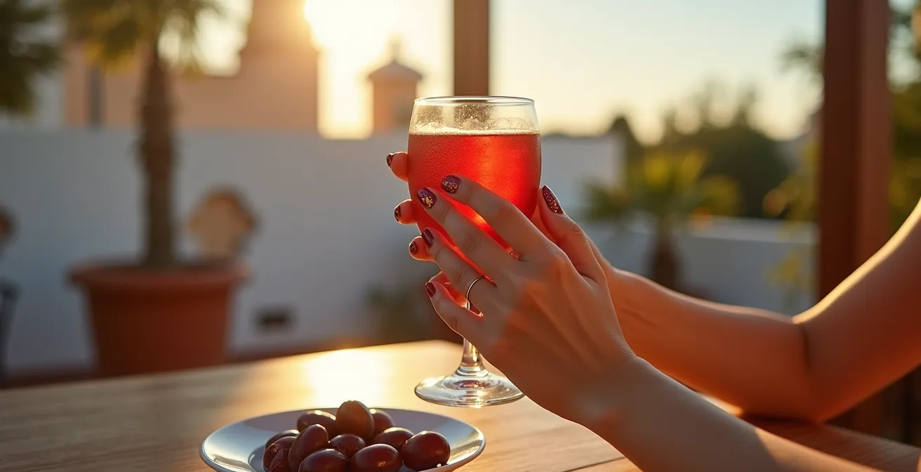 Manos con nail art elegante sujetando copa de vermut en terraza española al atardecer