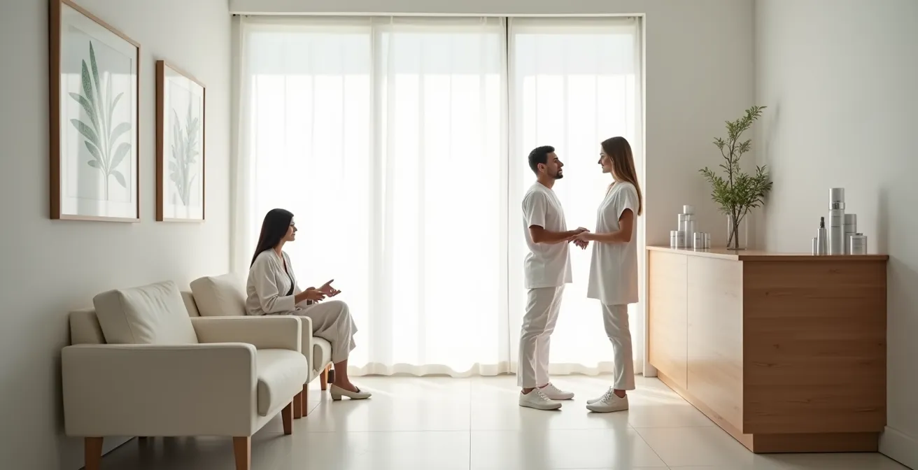 Profesional de estética escuchando atentamente a un cliente en una conversación resolutiva