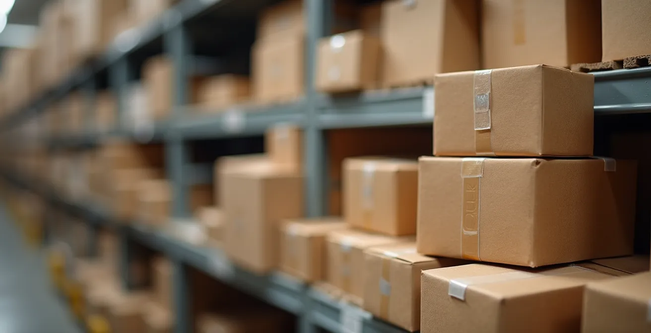 Vista aérea de un almacén logístico moderno con zonas diferenciadas de stock