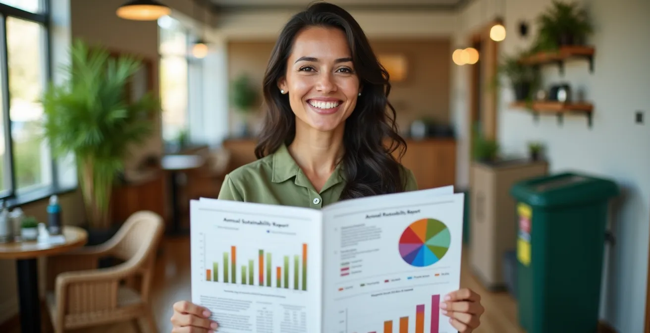 Profesional mostrando informe anual de sostenibilidad con gráficos y métricas ambientales