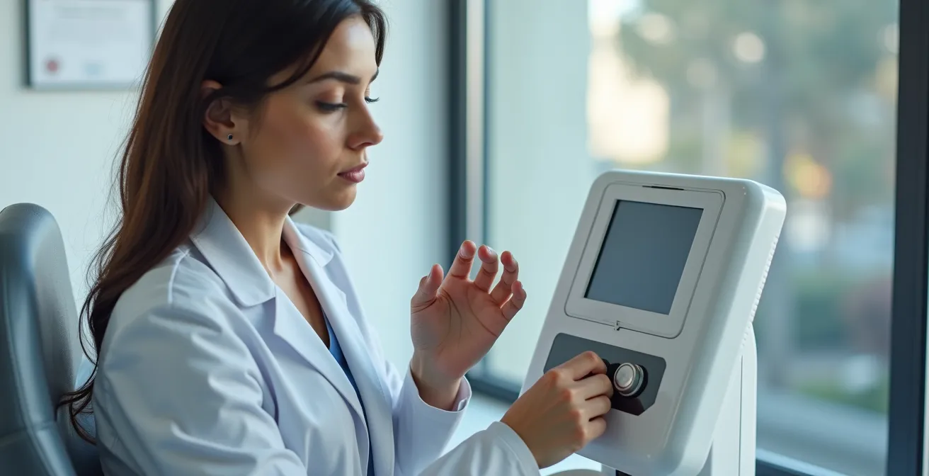 Profesional inspeccionando equipo de estética de segunda mano con documentación técnica