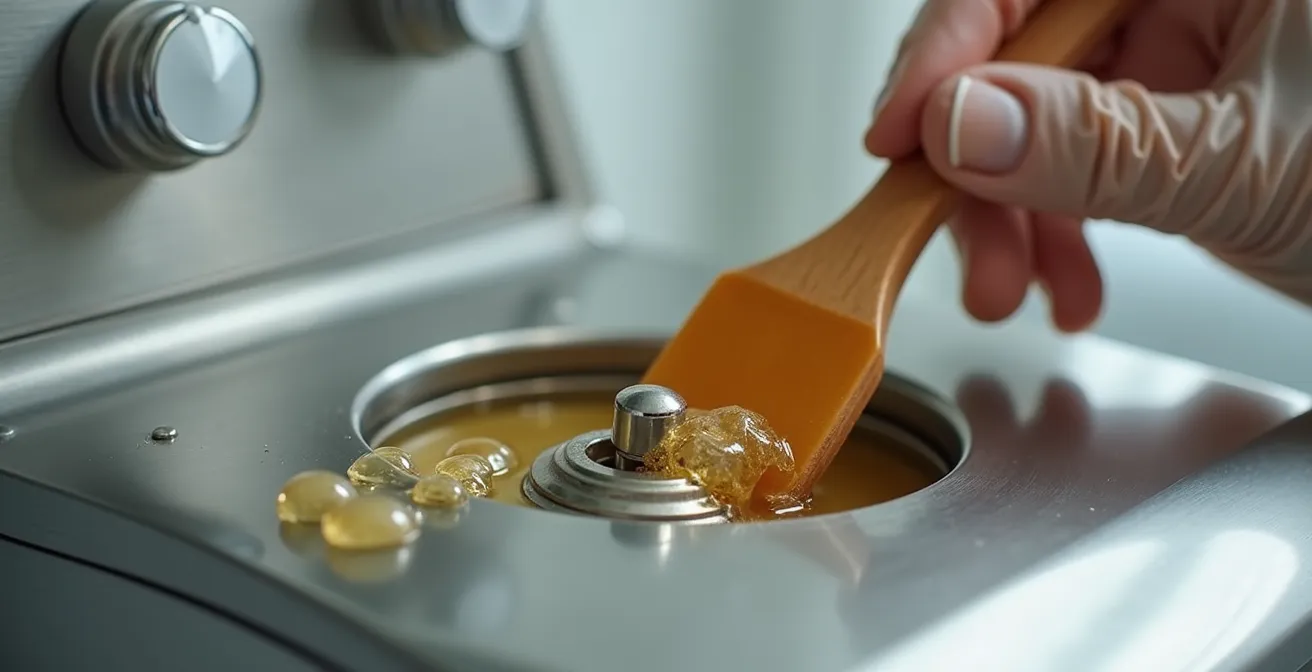 Detalle macro de la limpieza de un calentador de cera profesional mostrando el termostato