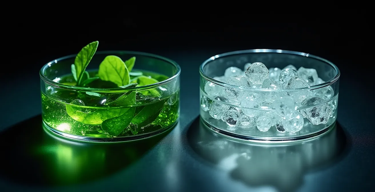 Gráfico temporal mostrando la evolución de resultados entre ingredientes biotecnológicos y naturales en la piel