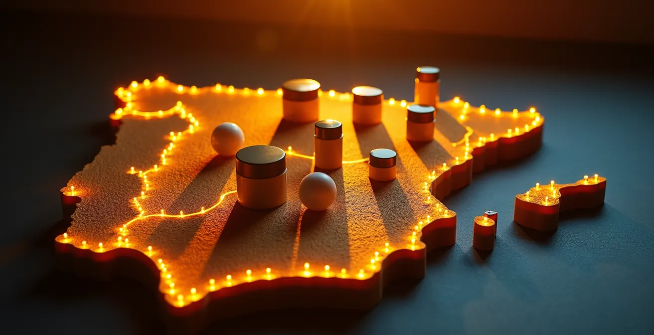 Vista aérea de España con puntos de distribución cosmética iluminados