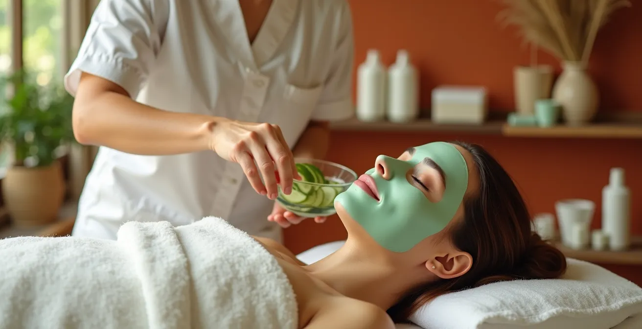 Aplicación profesional de mascarilla de alginato en tratamiento facial exclusivo