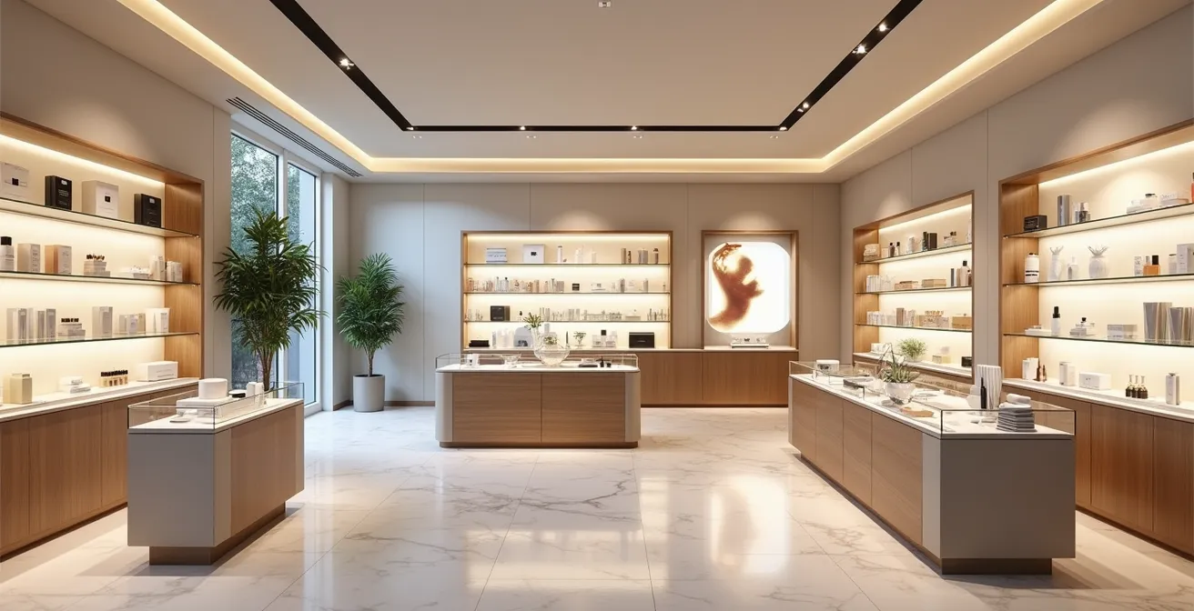 Expositor de productos de belleza premium con material PLV en tienda selectiva