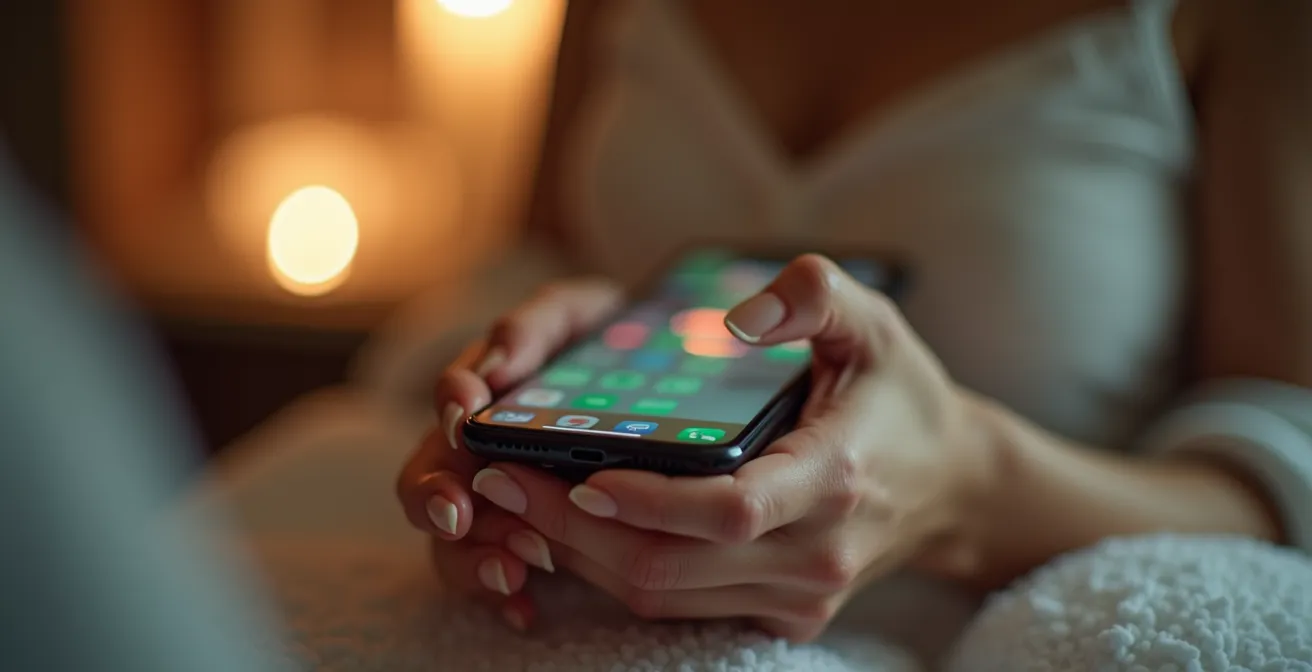 Manos sosteniendo un teléfono móvil que muestra una conversación de WhatsApp en un centro de estética