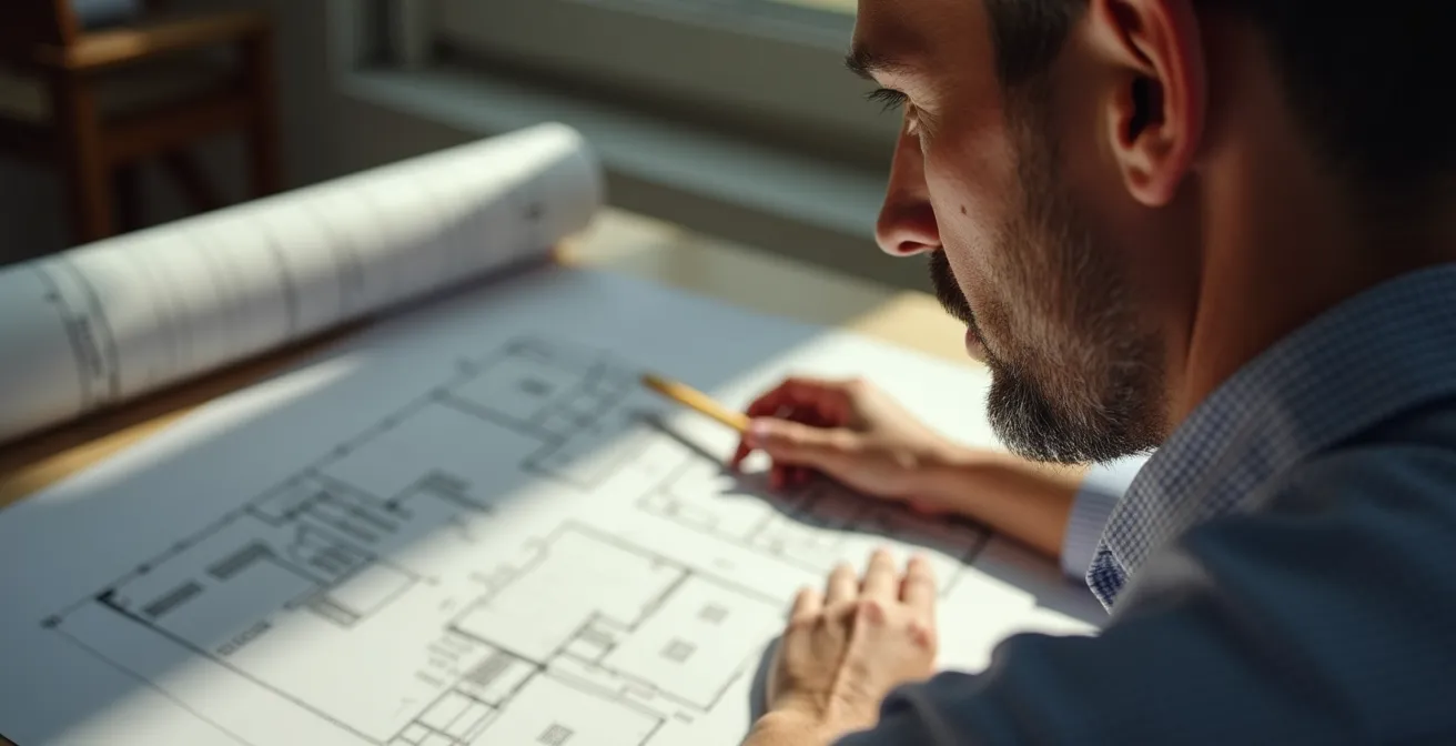 Arquitecto profesional revisando planos técnicos de centro estético con normativas