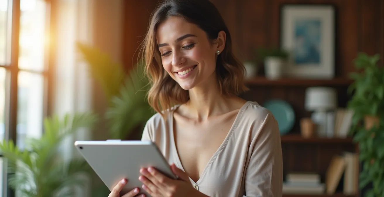 Empresaria española revisando métricas de su centro de estética desde casa en ambiente relajado