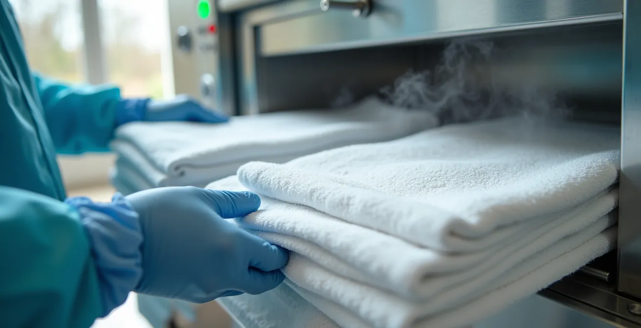 Proceso de esterilización profesional de toallas y materiales reutilizables en autoclave