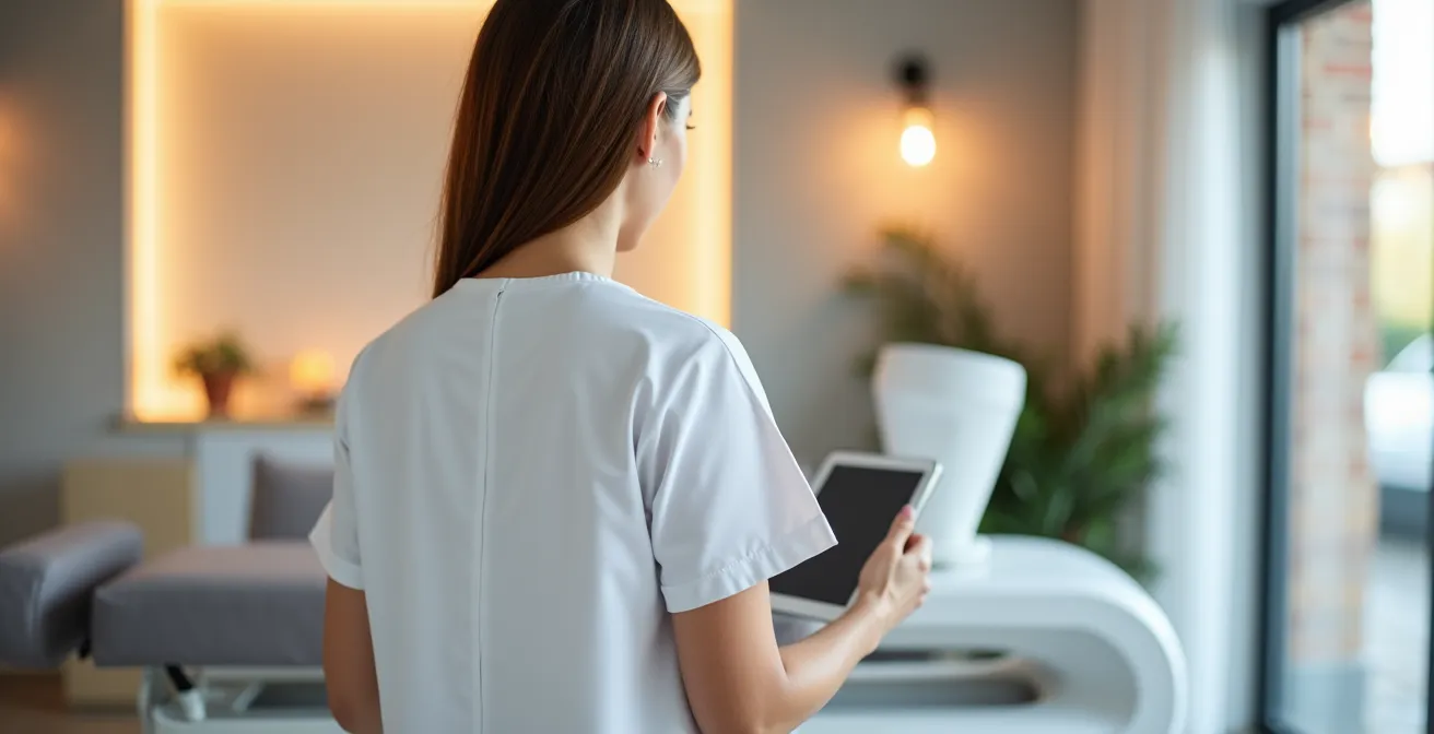 Profesional de estética revisando protocolo de seguimiento con dispositivo móvil