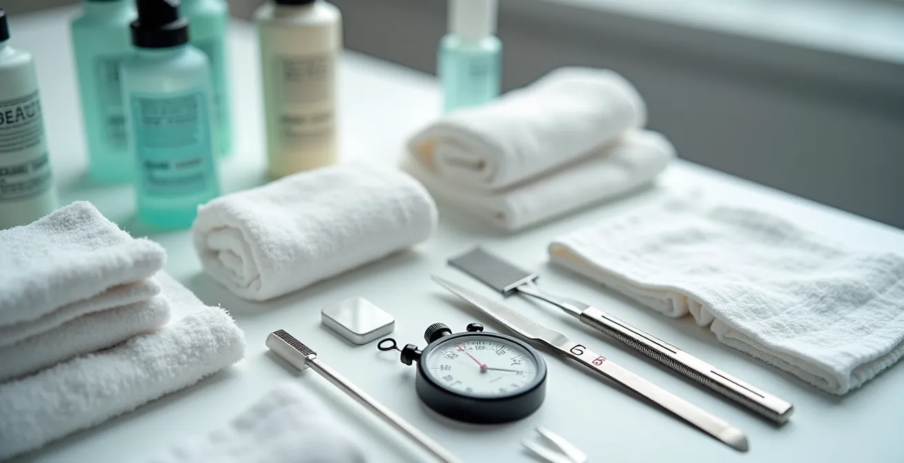 Vista cenital de cabina de estética con kit de materiales pre-ensamblados y cronómetro