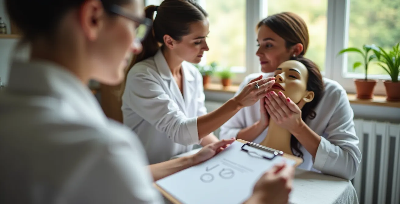 Dos esteticistas realizando sesión de calibración de calidad con checklist compartido