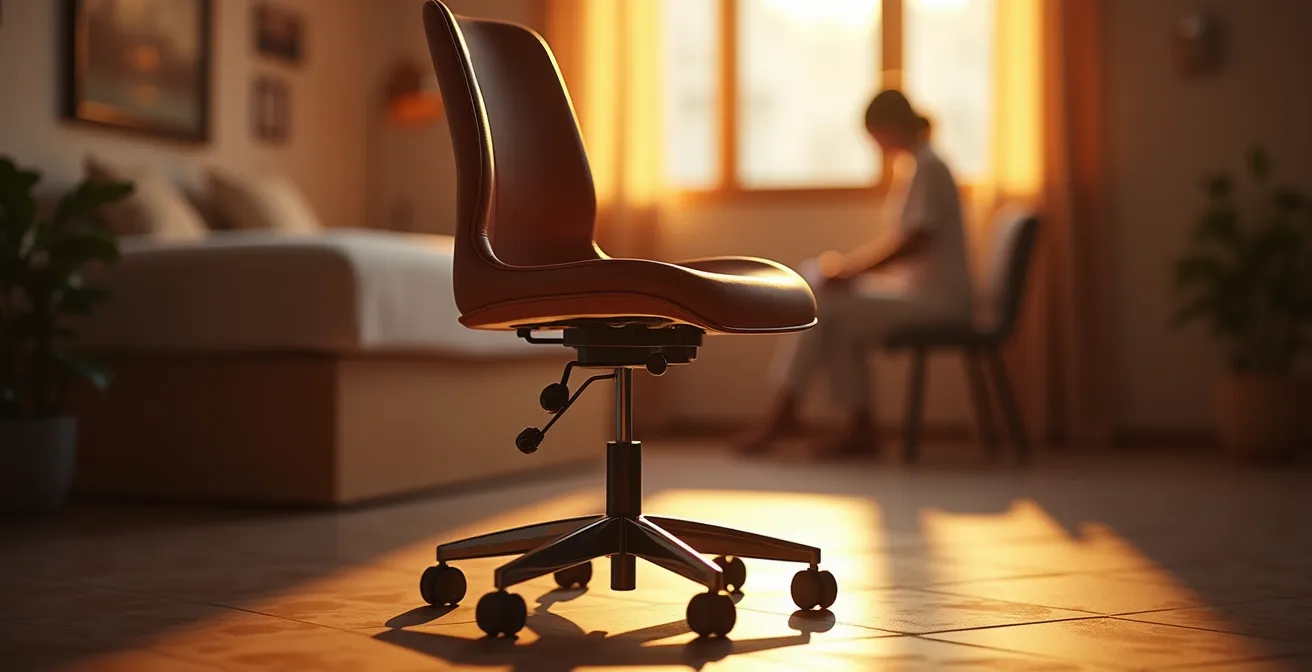 Una esteticista utiliza una silla de montar ergonómica en un salón de estética moderno, manteniendo una postura de espalda recta y saludable.