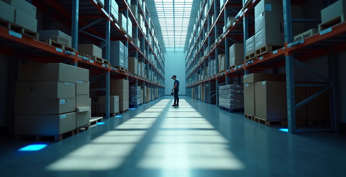 Vista desde arriba de almacén con sistema de cámaras de seguridad y trabajador escaneando productos