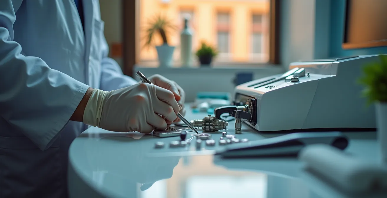 Técnico especializado realizando mantenimiento preventivo en equipo de estética profesional en centro español