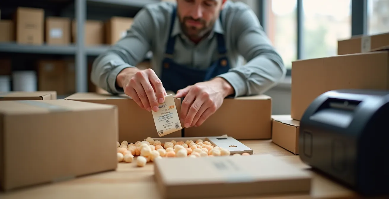 Disposición ergonómica de mesa de preparación con triángulo dorado para empaquetado eficiente