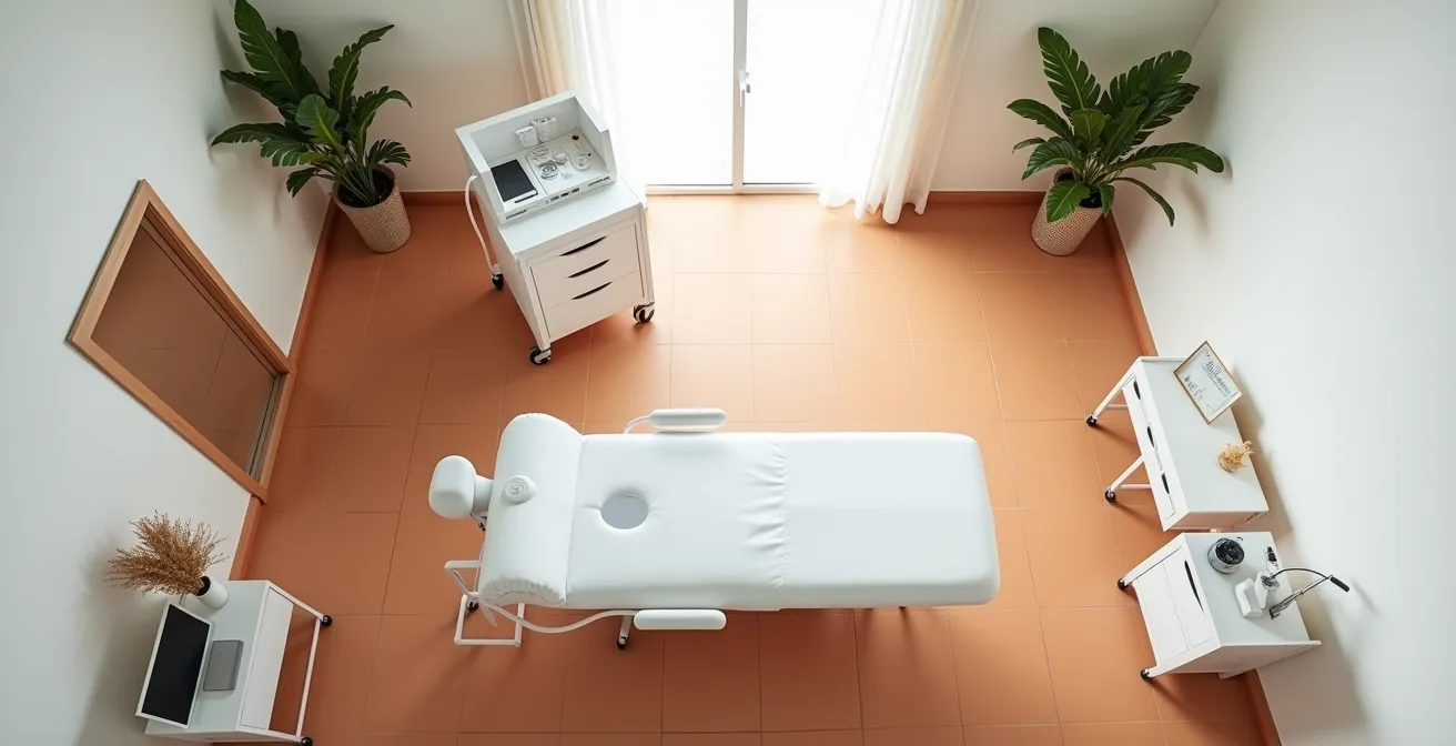 Vista cenital de cabina de estética mostrando la disposición triangular óptima del mobiliario