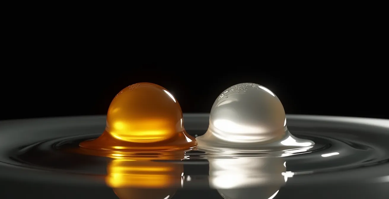 Gotas de sérum dorado y blanco mezclándose en superficie de cristal